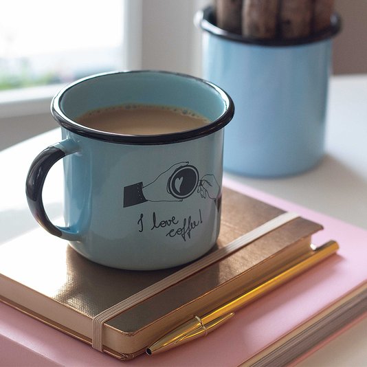 Caneca Esmaltada I Love Coffee Azul Claro - EWEL