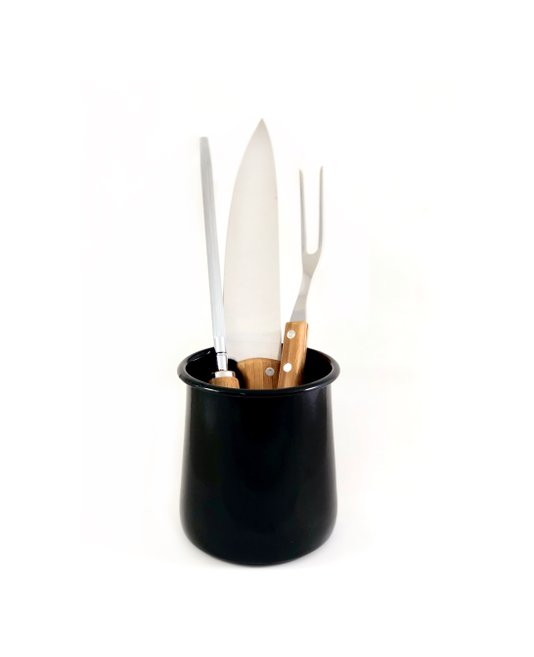 Kit Faca 8, Garfo e Chaira inox/bambu + Porta Utensílios P