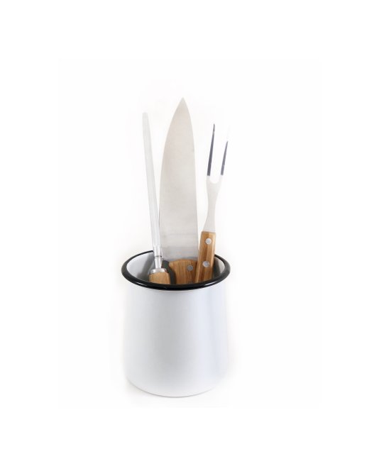 Kit Faca 8, Garfo e Chaira inox/bambu + Porta Utensílios P