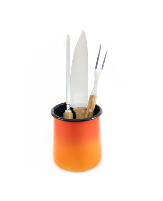 Kit Faca 8, Garfo e Chaira inox/bambu + Porta Utensílios P
