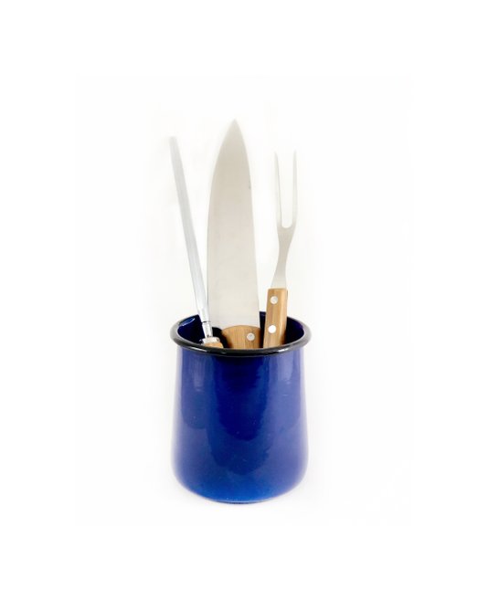 Kit Faca 8, Garfo e Chaira inox/bambu + Porta Utensílios P