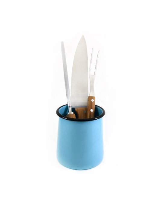 Kit Faca 8, Garfo e Chaira inox/bambu + Porta Utensílios P