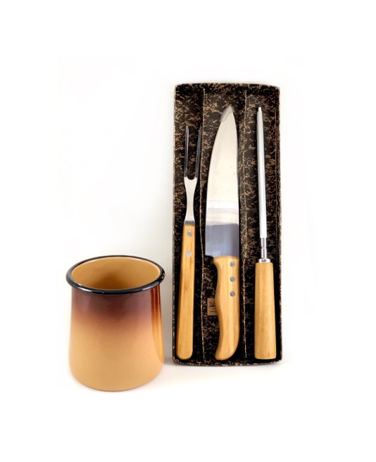 Kit Faca 8, Garfo e Chaira inox/bambu + Porta Utensílios P