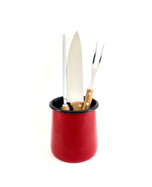 Kit Faca 8, Garfo e Chaira inox/bambu + Porta Utensílios P