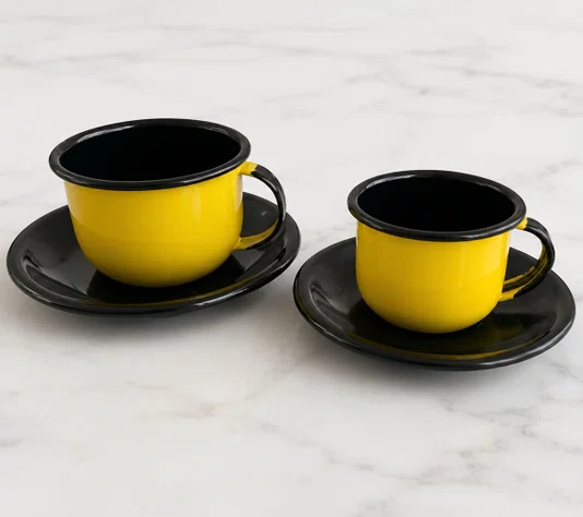 Xícara Esmaltada com Pires Esmaltado Amarelo - EWEL