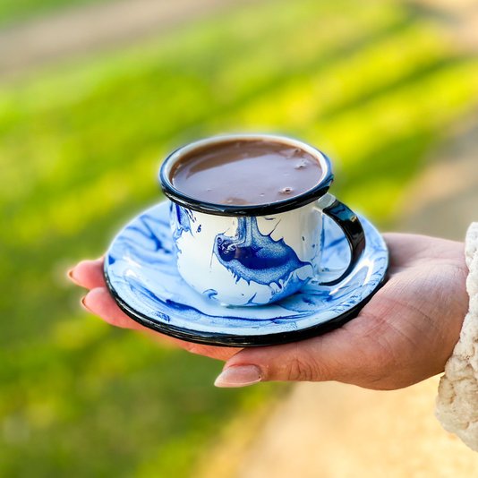 Xícara Esmaltada com Pires Esmaltado Azul - EWEL Coleção Marmorizada