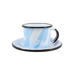 Xícara Esmaltada com Pires Esmaltado Azul Claro - EWEL Coleção Marmorizada