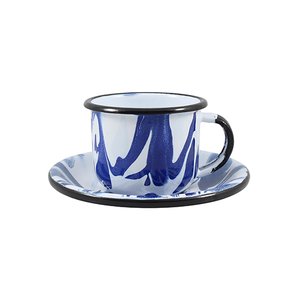 Xícara Esmaltada com Pires Esmaltado Azul - EWEL Coleção Marmorizada