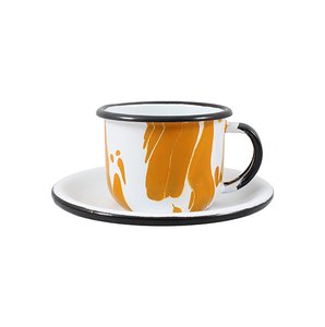 Xícara Esmaltada com Pires Esmaltado Laranja - EWEL Coleção Marmorizada