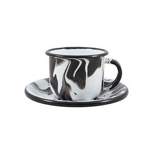 Xícara Esmaltada com Pires Esmaltado Preta - EWEL Coleção Marmorizada