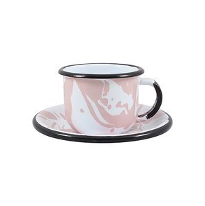 Xícara Esmaltada com Pires Esmaltado Rosa Claro - EWEL Coleção Marmorizada