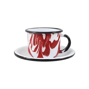 Xícara Esmaltada com Pires Esmaltado Vermelha - EWEL Coleção Marmorizada